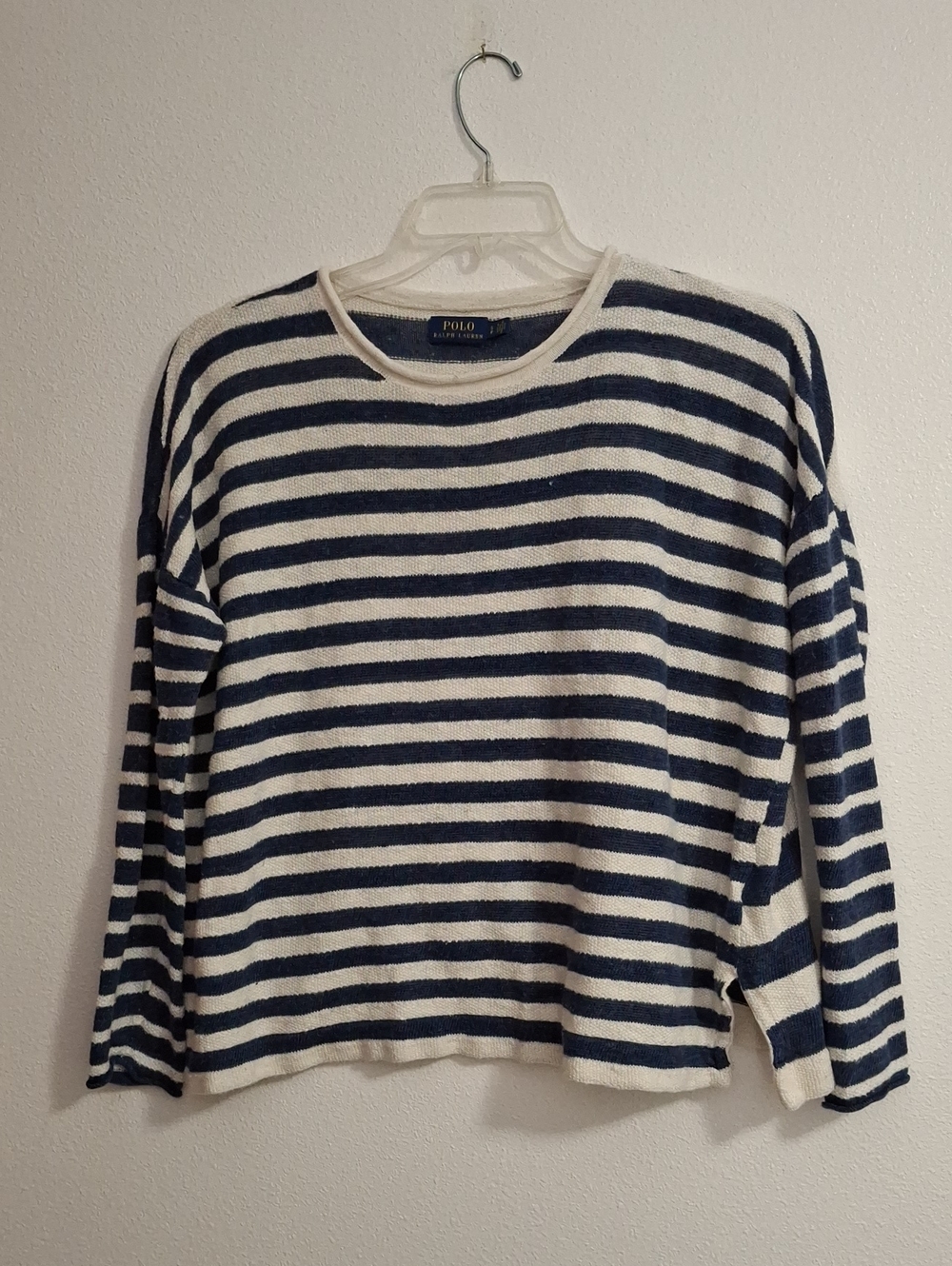 Polo by Ralph Lauren Navy & White Striped Crewneck Linen Blend Sweater Size Sm.